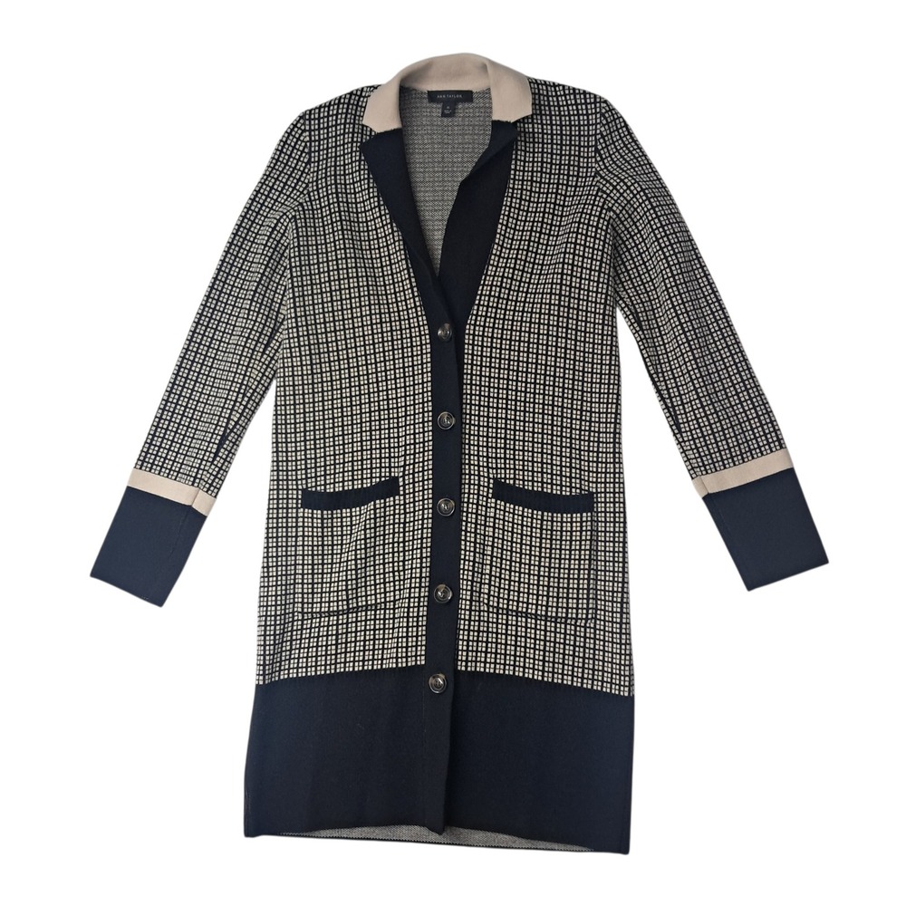 Ann Taylor Cardigan Coatigan Womens XS Navy Grid Longline Preppy Work Office